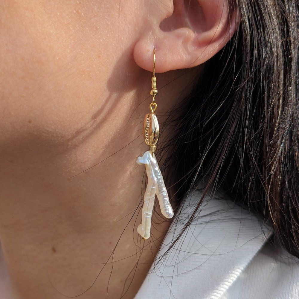 Unique Handcrafted Freshwater Chicken Feet Pearl with Gold Plated Shell Earrings